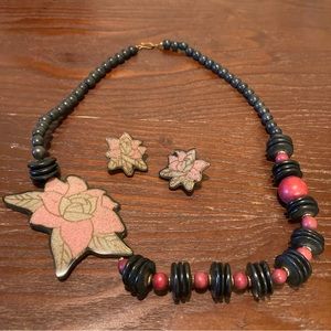 Vintage Red Gold and Black Wooden Bead Floral Necklace and Earrings Set
